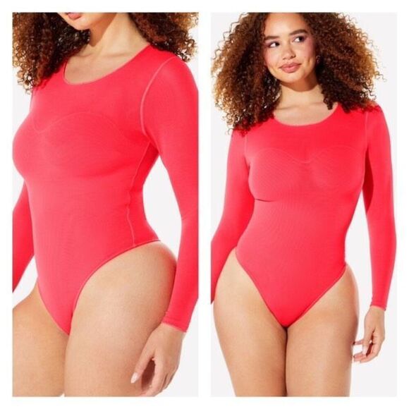 NWT Fabletics x Yitty Mesh Me Smoothing LS Sheer Bodysuit Neon Pink Small - Picture 1 of 11